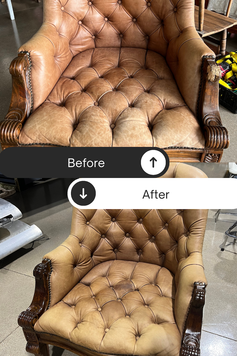 Before & After of a Chair Repair caused by a dog chewing the chair arm